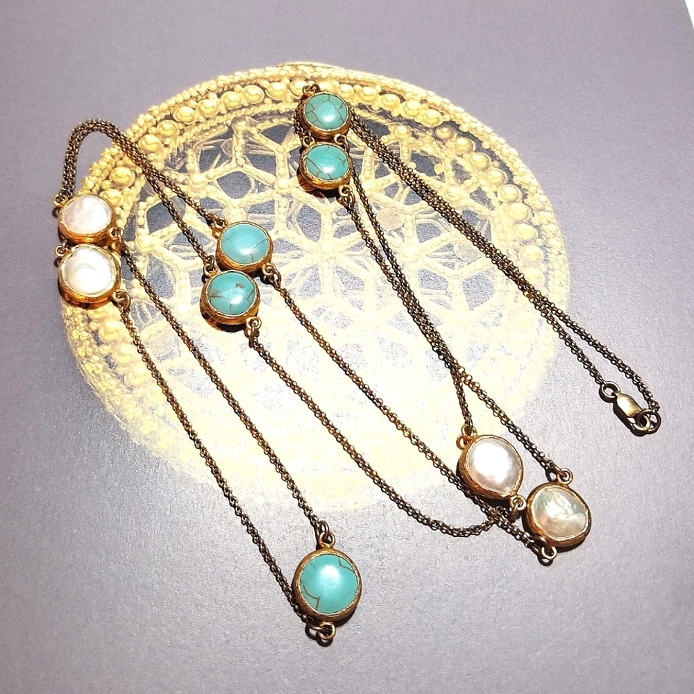 44" Gold Vermeil Turquoise & Coin Pearl Vintage Station Necklace - Picture 3 of 6